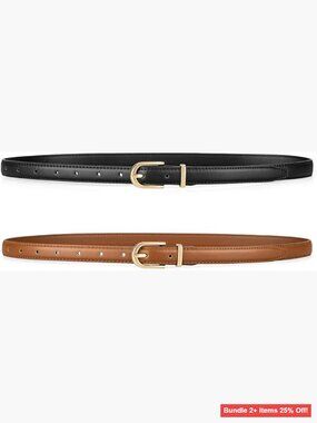 Skinny Leather Waist Belt with Gold Buckle for Jeans Dresses Pants